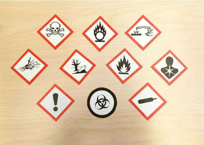 10 WHMIS Pictograms on wooden table