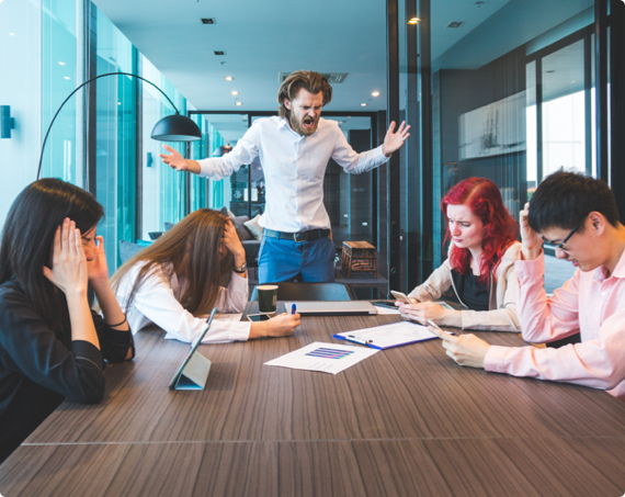 A man yells and harasses his coworkers