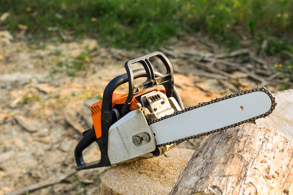 shutterstock_1389964607 A chainsaw rest against a cut down tree
