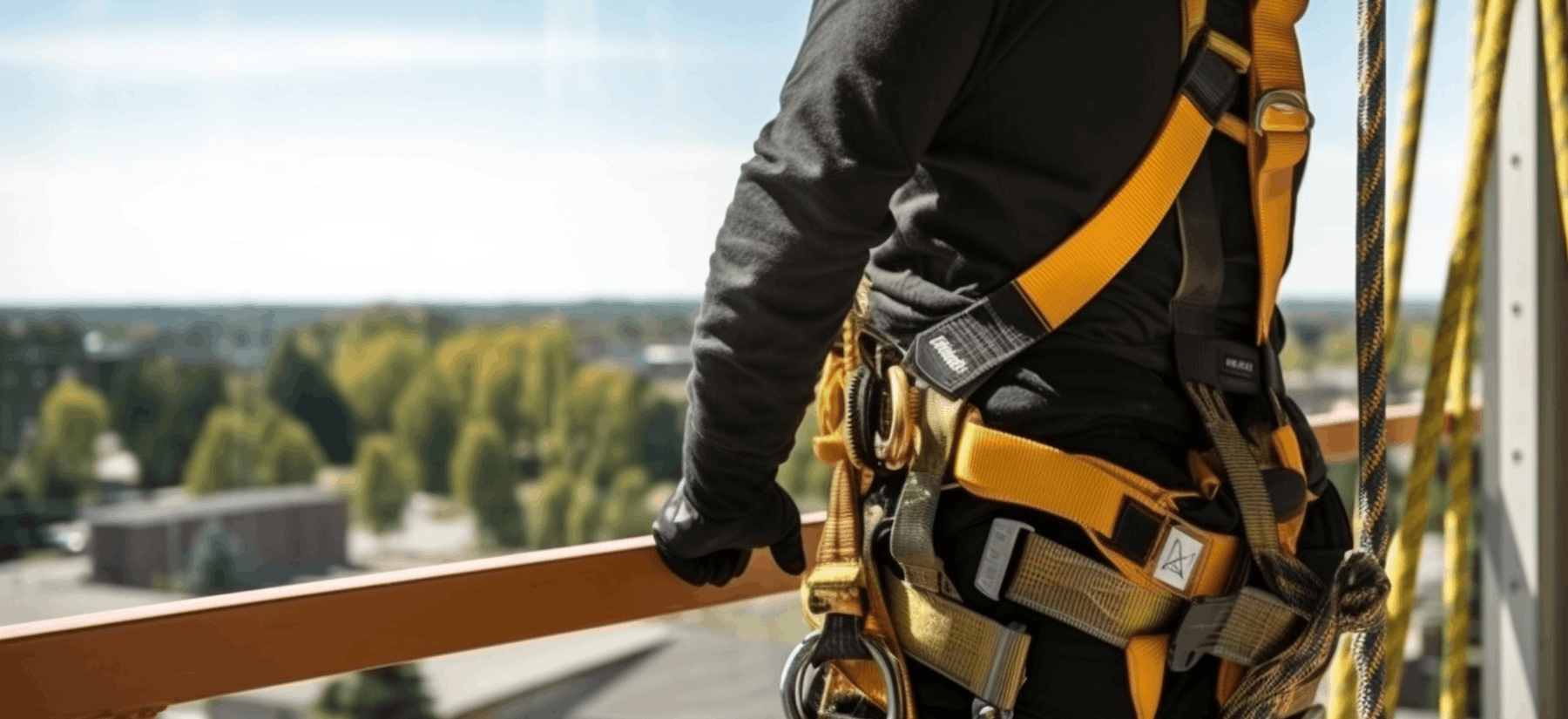 construction worker with a safety harness, working at heights